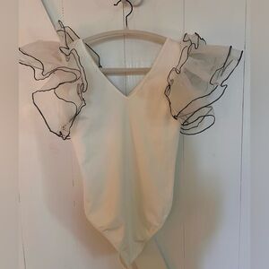Chic White Bodysuit with Ruffled Organza Puff Sleeves